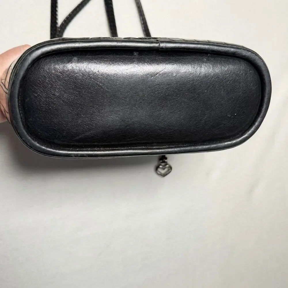 Brighton Black Faux Croc Embossed Shoulder Bag Vintage Plaid Lining Heart Charms